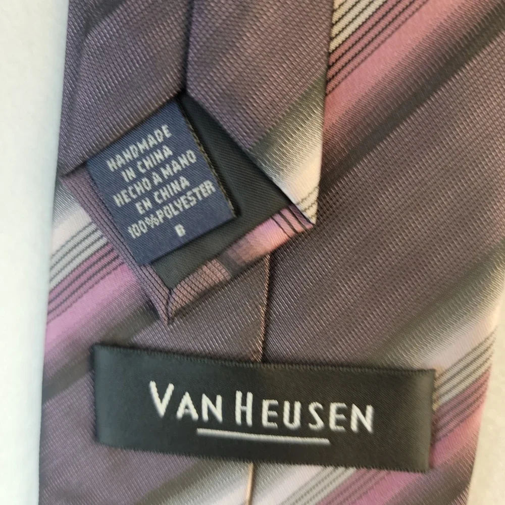 Van Heusen Mens Necktie Purple Grey Black Diagonal Striped Polyester Tie Handmad